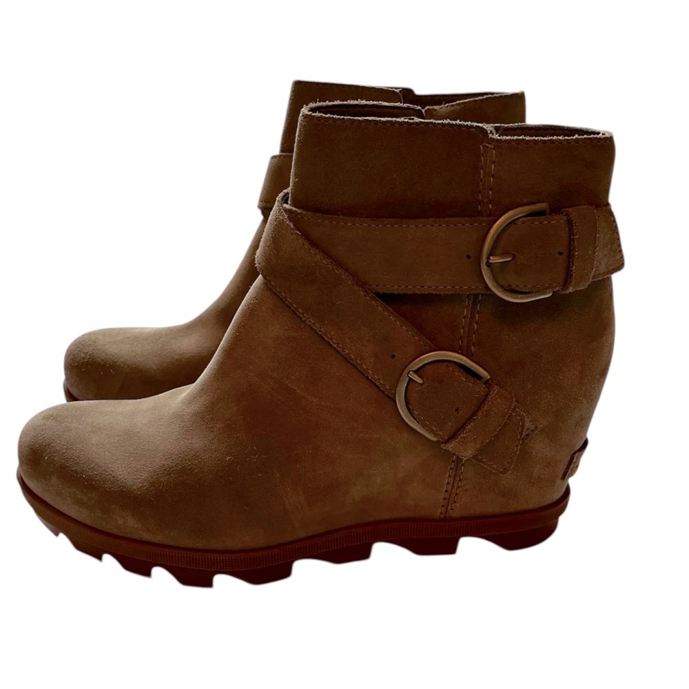 Sorel Tan Joan of Arctic Wedge Ankle Booties with Buckle Accents Size 10